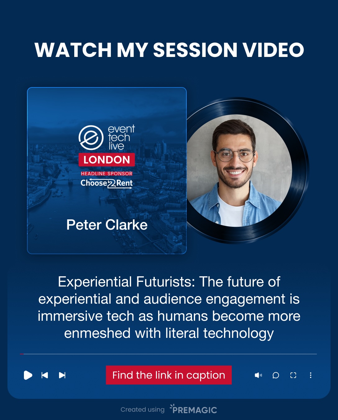 Premagic-powered LinkedIn post — Watch My Session Video, vertical format filling the mobile screen